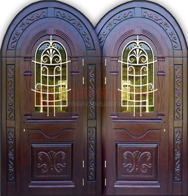 Индивидуальная арочная дверь со стеклом и ковкой ДА-19 в Долгопрудном