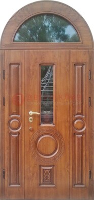 Двустворчатая железная дверь МДФ со стеклом в форме арки ДА-52 в Долгопрудном