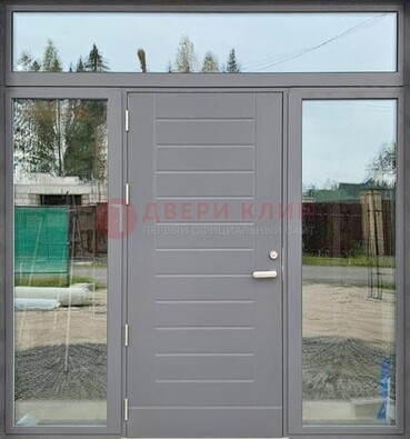 Серая стальная дверь с панелью МДФ и стеклянными фрамугами ДФГ-28 в Долгопрудном