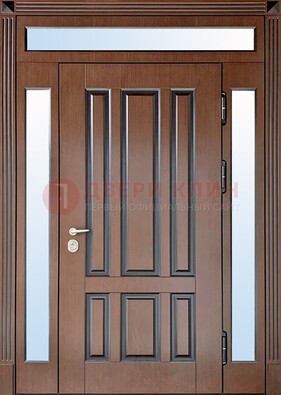 Железная дверь со стеклом и фрамугами в коричневом цвете ДФГ-8 в Долгопрудном
