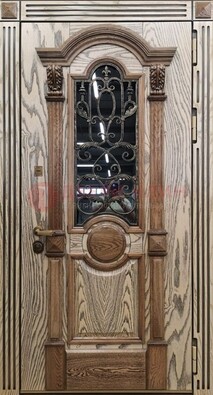 Железная дверь с массивом дуба со стеклом и ковкой ДМД-47 в Долгопрудном