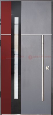 Серая входная дверь с порошковым окрасом и красной вставкой ДП-175 в Долгопрудном