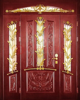 Бордовая железная парадная дверь со стеклом и ковкой ДПР-75 в Долгопрудном