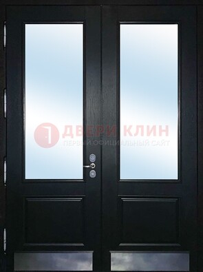 Черная двухстворчатая металлическая дверь со стеклом ДС-25 в Долгопрудном