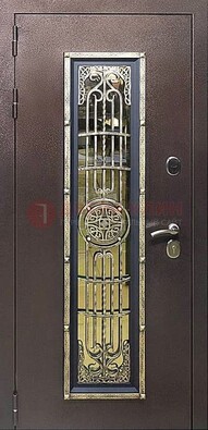Железная дверь цвета медный антик со стеклом и ковкой ДСК-105 в Долгопрудном