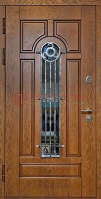 Коричневая стальная дверь со стеклом и ковкой для кирпичного дома ДСК-146 в Санкт-Петербурге