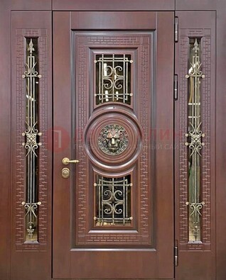 Коричневая стальная дверь со стеклом и ковкой ДСК-147 с фрамугами в Долгопрудном
