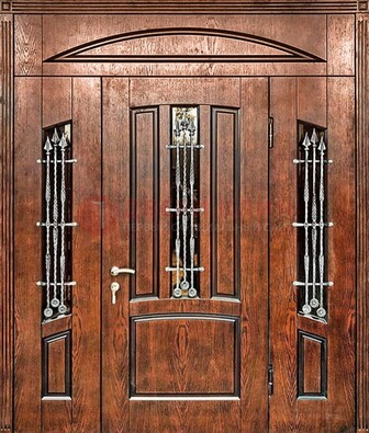 Стальная дверь со стеклом и ковкой с фрамугами ДСК-149 коричневая в Туле