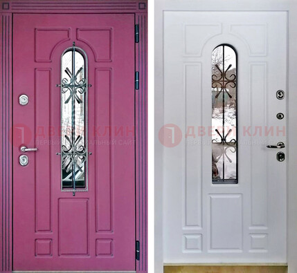 Розовая металлическая дверь со стеклом и ковкой ДСК-151 в Долгопрудном