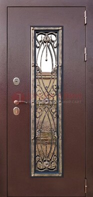 Коричневая стальная дверь порошок со стеклом и ковкой для дома ДСК-169 в Санкт-Петербурге