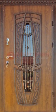 Дизайнерская железная дверь со стеклом и ковкой ДСК-182 в Кашире
