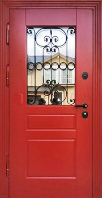 Красная железная дверь Винорит со стеклом и ковкой ДСК-205 в Долгопрудном