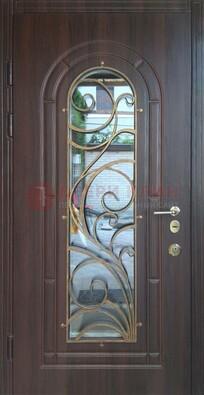 Железная дверь Винорит со стеклом и ковкой в темном цвете ДСК-216 в Долгопрудном