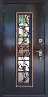 Железная дверь с порошковым напылением стеклом и ковкой ДСК-279 в Долгопрудном