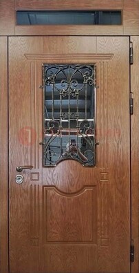 Металлическая входная дверь со стеклом и ковкой для дома ДСК-96 в Долгопрудном