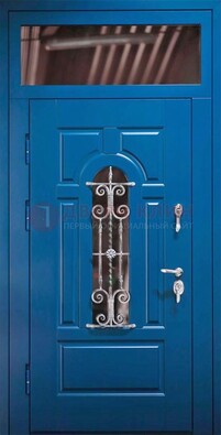 Синяя железная филенчатая дверь со стеклом и ковкой ДСК-97 в Долгопрудном