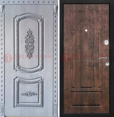 Железная дверь с узором и виноритом внутри Тисненый орех ДВТ-102 в Долгопрудном