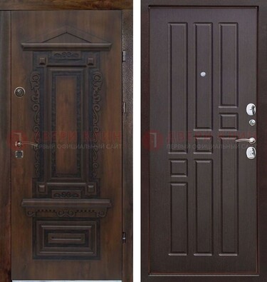Железная коричневая уличная дверь с виноритом и МДФ Шоколад ДВТ-124 в Долгопрудном
