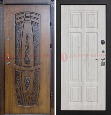 Железная коричневая уличная дверь с виноритом и МДФ Беленый дуб ДВТ-125 в Долгопрудном