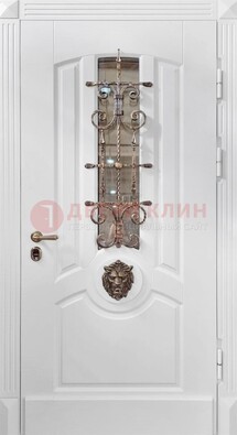 Белая металлическая дверь с виноритом и стеклом с ковкой ДВТ-165 в Долгопрудном