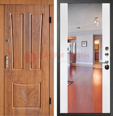 Входная коричневая дверь терморазрыв c виноритом и белая МДФ c зеркалом ДЗ-123 в Долгопрудном