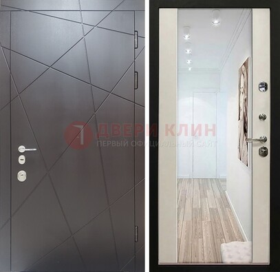 Железная коричневая дверь со светлой МДФ внутри и зеркалом ДЗ-125 в Долгопрудном