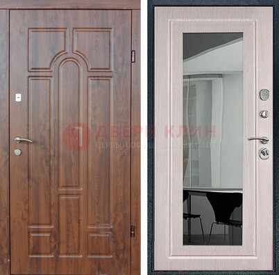 Входная коричневая дверь с МДФ Белый дуб и зеркалом ДЗ-126 в Павловском Посаде