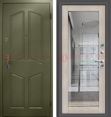 Зеленая стальная дверь с МДФ панелями и зеркалом ДЗ-137 в Долгопрудном