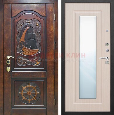 Темная уличная дверь с резьбой и зеркалом внутри ДЗ-49 в Дмитрове