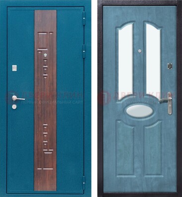 Голубая металлическая дверь МДФ с тремя зеркальными вставками ДЗ-78 в Долгопрудном