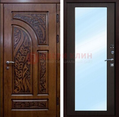 Коричневая входная дверь c узором и виноритом МДФ с зеркалом ДЗ-98 в Долгопрудном