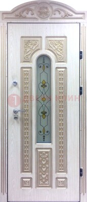 Белая железная дверь с МДФ и витражом ВЖ-26 в Долгопрудном