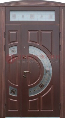 Коричневая двухстворчатая железная дверь с МДФ и витражом ВЖ-29 в Долгопрудном
