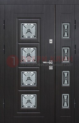 Чёрная двухстворчатая железная дверь с МДФ и витражом ВЖ-35 в Долгопрудном